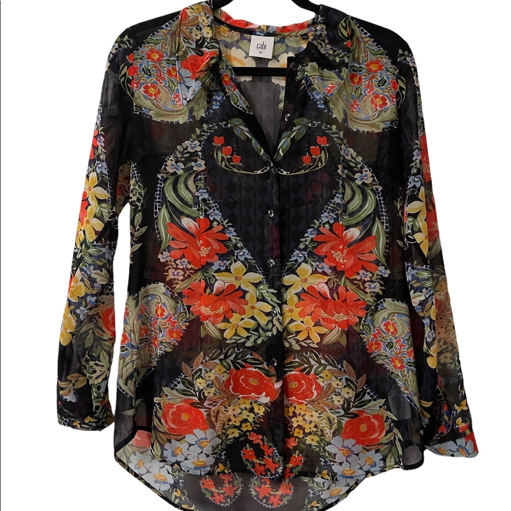 Cabi XS Sheer Button Up Top 3072 Amour Blouse Long Sleeve Floral Multicolor